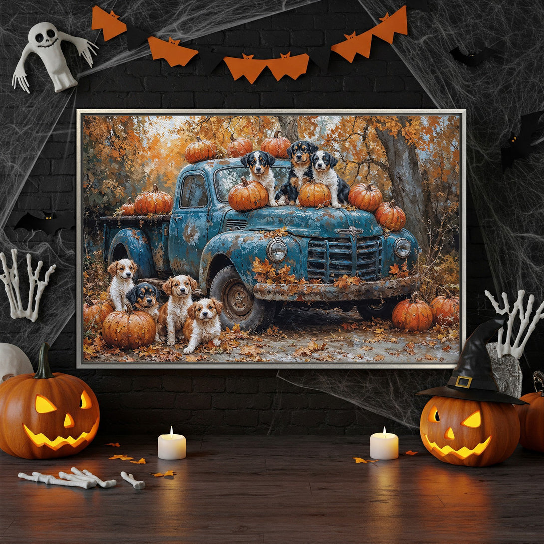 Framed Wall Art: Adorable puppies & pumpkins in a vintage truck, fall scene. Warm autumn colors, perfect for Halloween decor. Add charm with this Canvas Print!