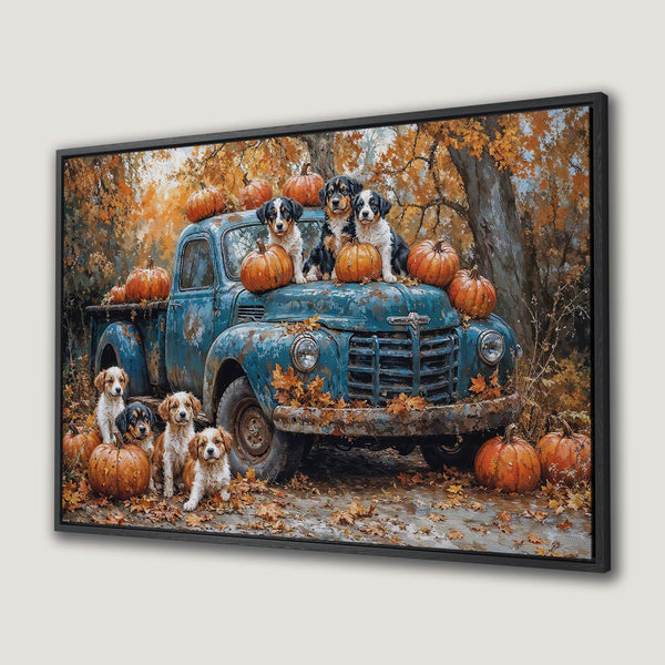 Framed Wall Art: Charming autumn scene with puppies, pumpkins, and a vintage blue truck. Warm orange and blue color palette. Perfect fall decor.