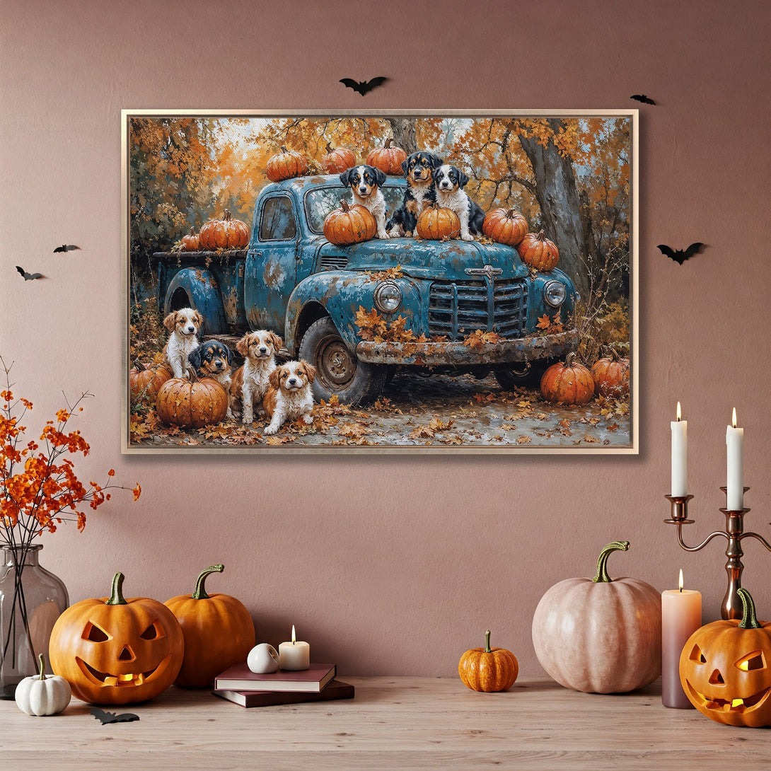 Framed Wall Art featuring puppies in a vintage truck with pumpkins. Warm autumn color palette. Perfect for fall decor!
