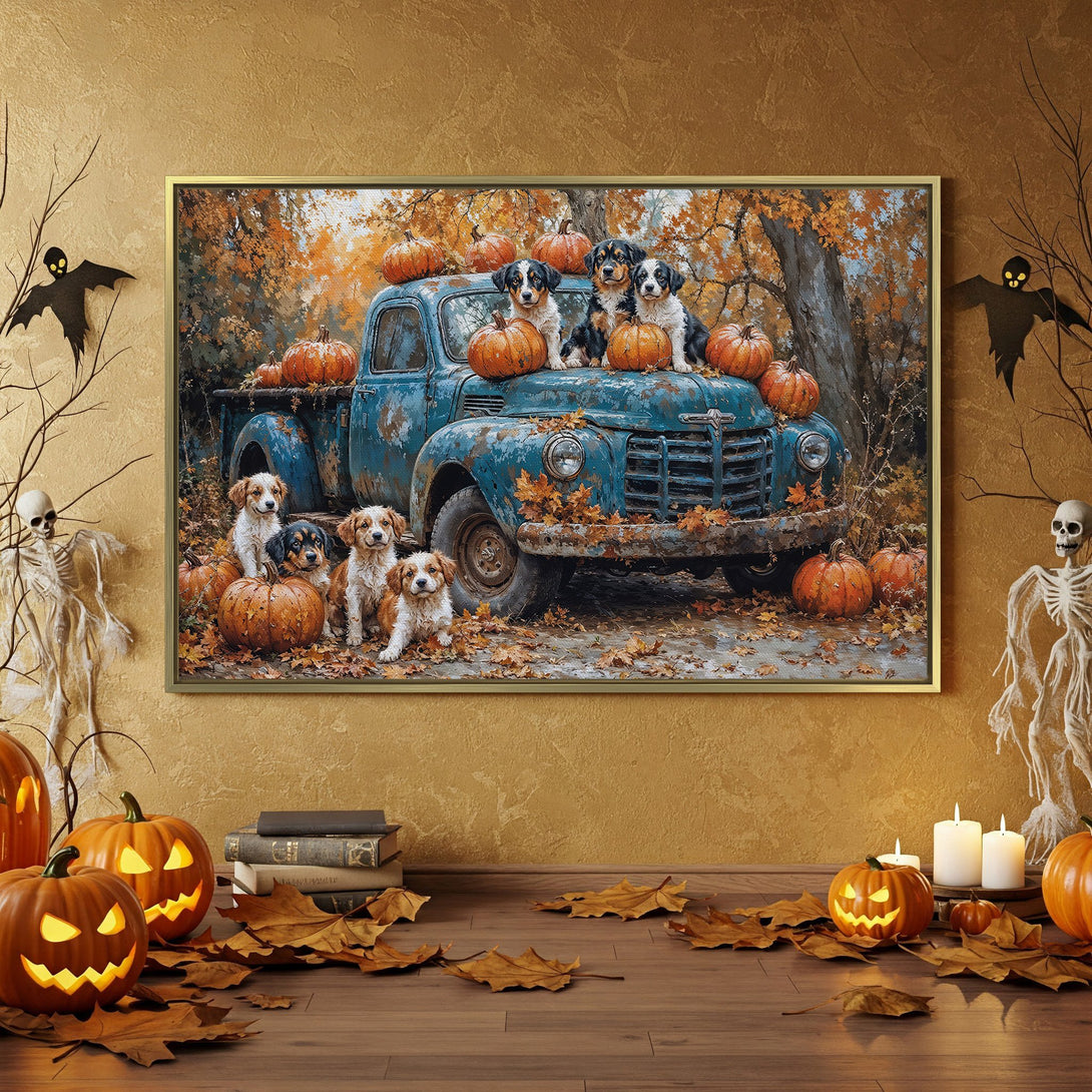Halloween Canvas Print featuring puppies in a vintage truck with pumpkins, in warm orange and blue tones. Perfect fall decor!