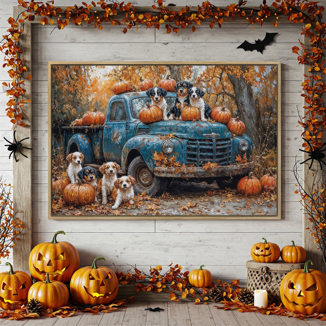 Framed Wall Art: Adorable dogs on a truck with pumpkins. Rustic style, warm orange and blue color palette, perfect for fall decor.