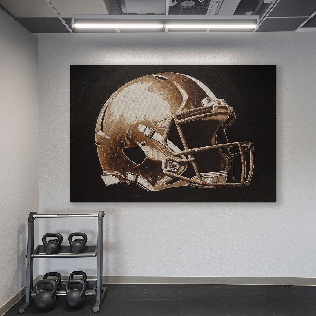 Framed Wall Art: Football helmet canvas print in a home gym. Modern art with a brown and black palette. Elevate your space with this statement piece!