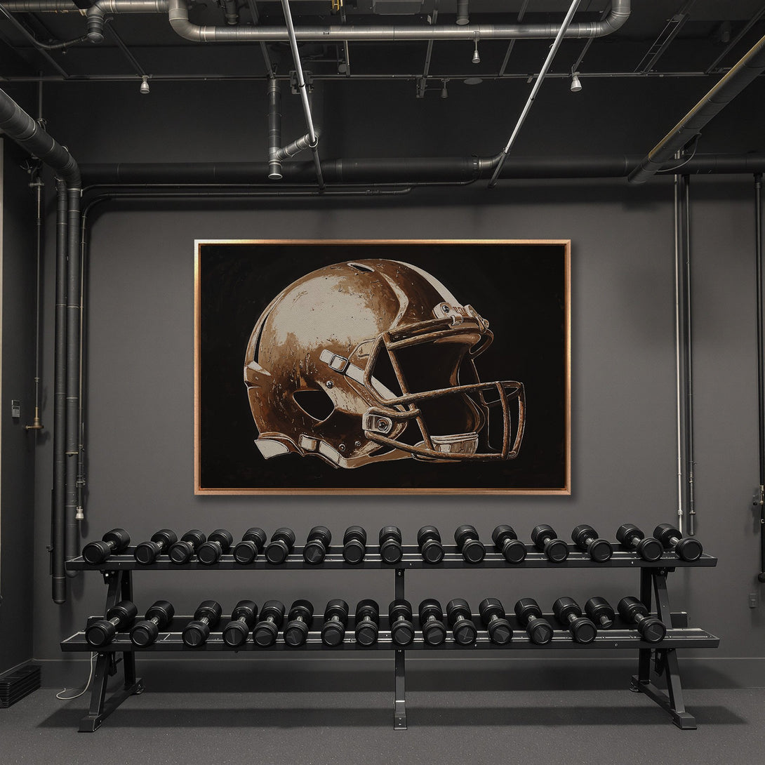 Framed Wall Art: Football helmet Canvas Print in a modern gym, featuring a neutral color palette of browns and blacks. Elevate your space with sports decor!
