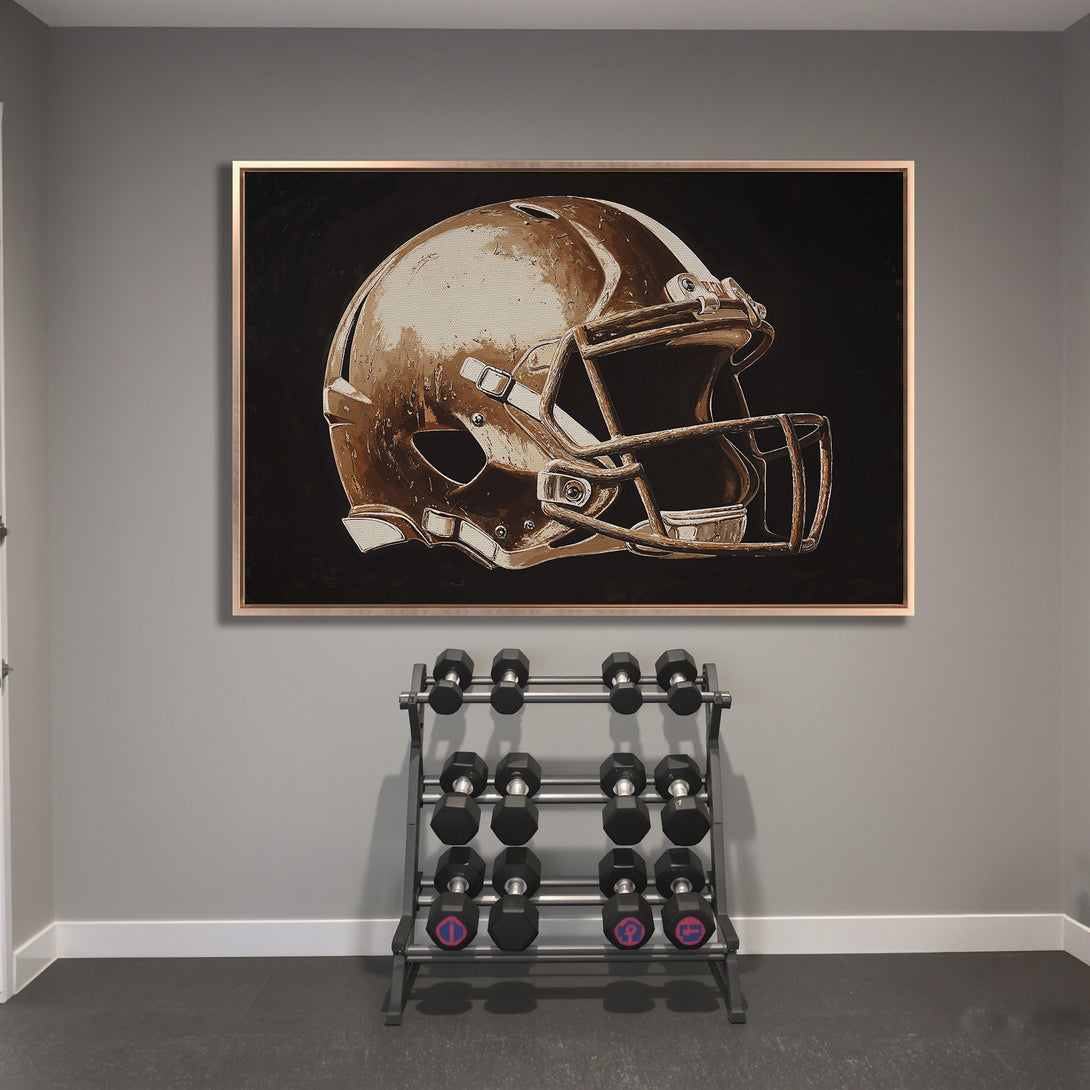 Framed Wall Art: Football helmet canvas print in neutral tones. Modern decor for a home gym or sports-themed space. Shop now!
