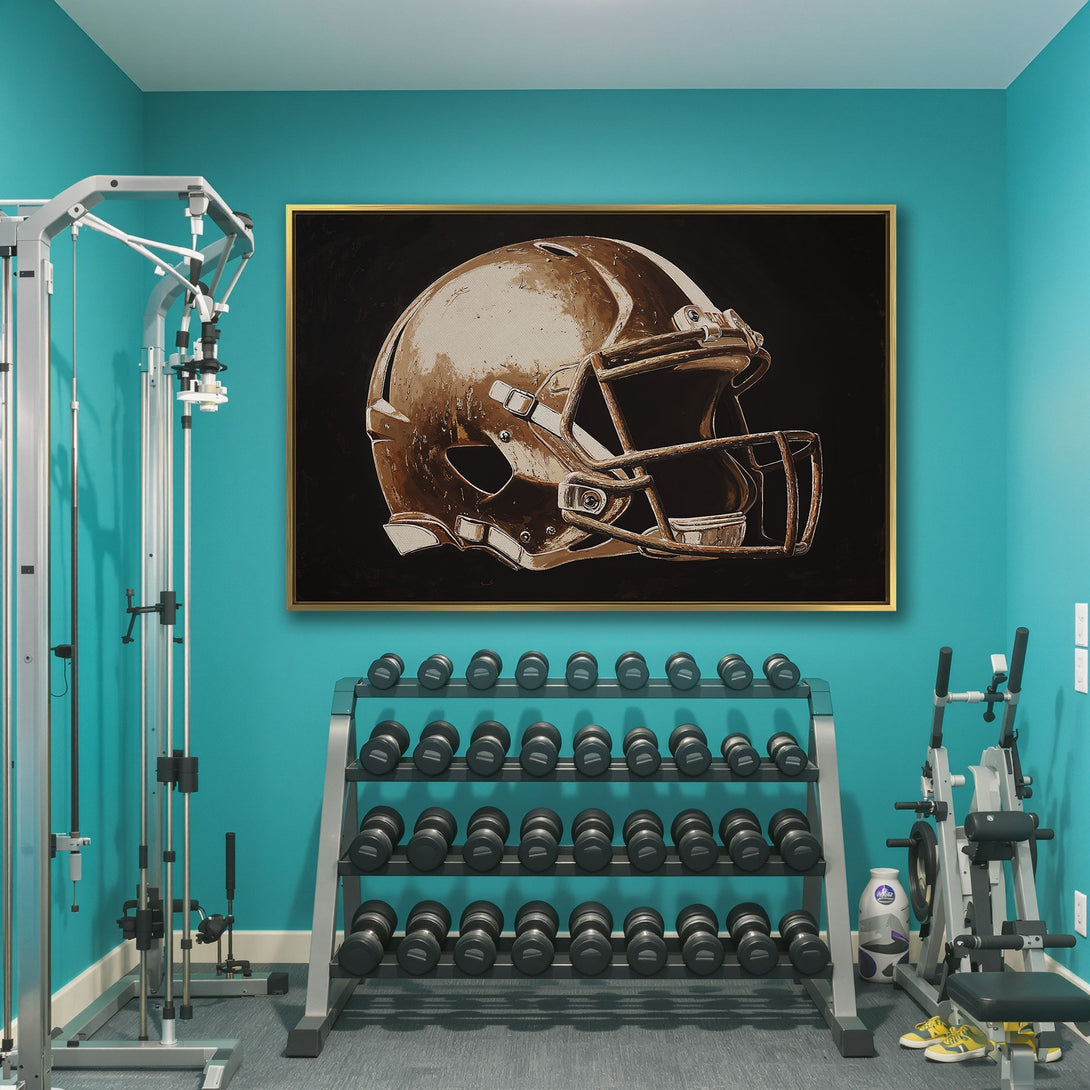 Canvas Print of a football helmet in sepia tones. Modern art for sports fans. Neutral color palette complements any decor.