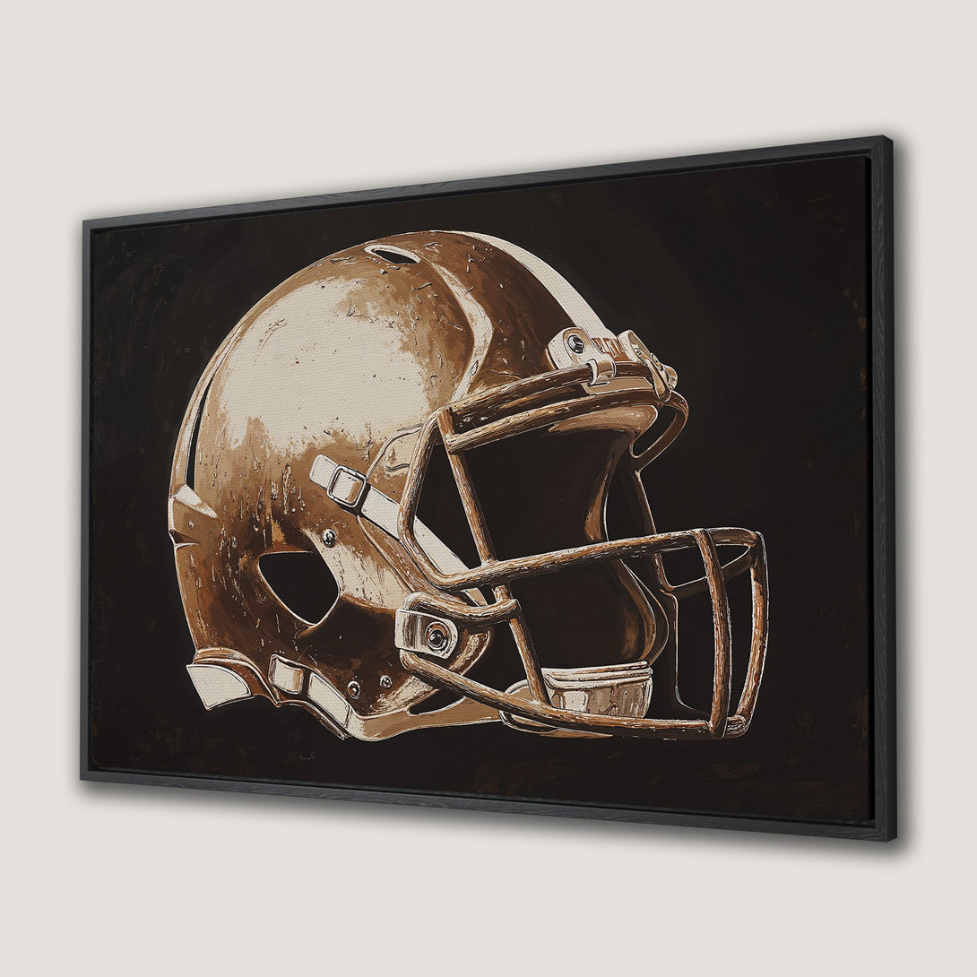 Framed Wall Art: Football helmet art print in neutral brown tones. Modern canvas print for sports fans. Add a touch of style to your home decor!