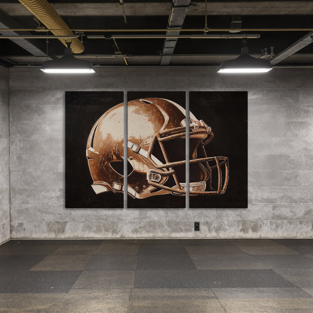 Canvas Print of a football helmet in a modern, sepia-toned style. Perfect wall art for sports fans!