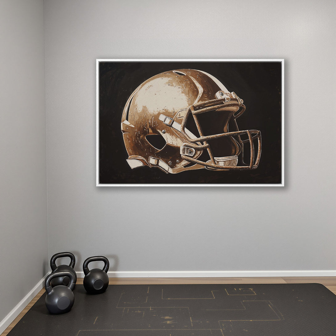 Framed Wall Art: Football helmet canvas print in sepia tones. Stylish wall decor for a modern home gym or sports-themed room. Shop now!