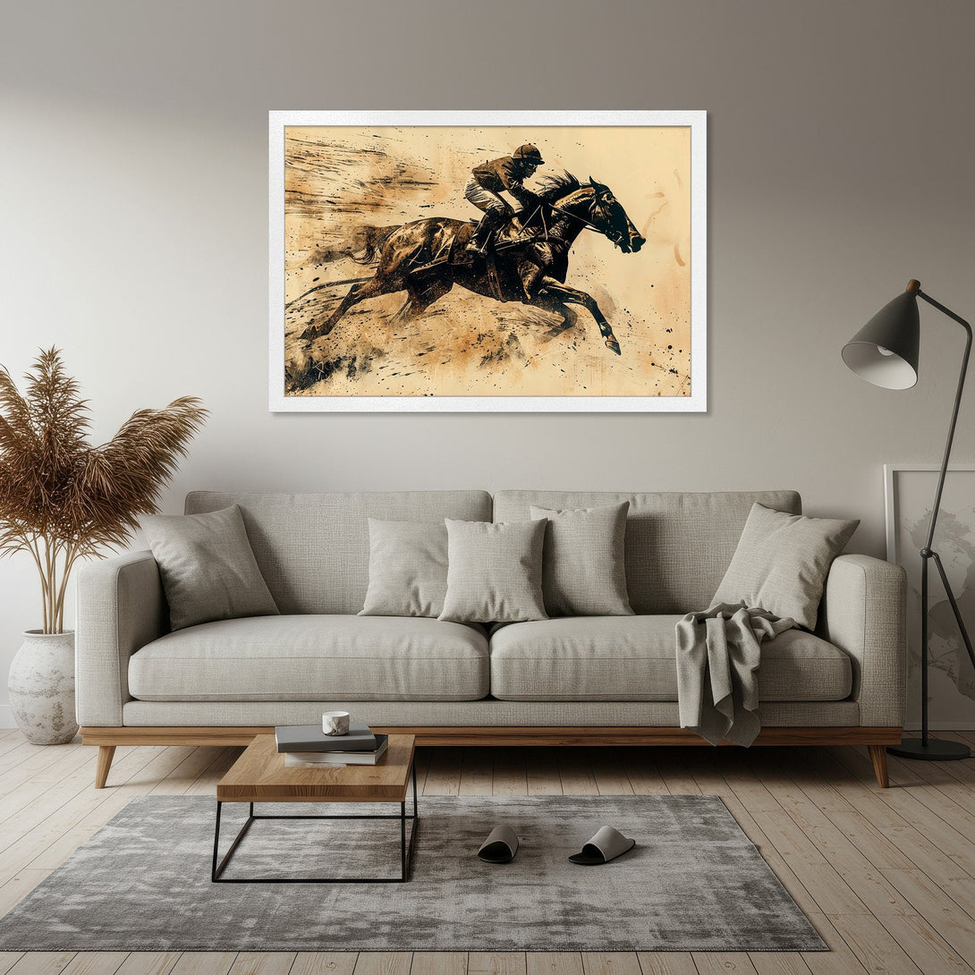 Framed Poster featuring a horse race in a vintage style, with a neutral color palette. Perfect wall art for your home!