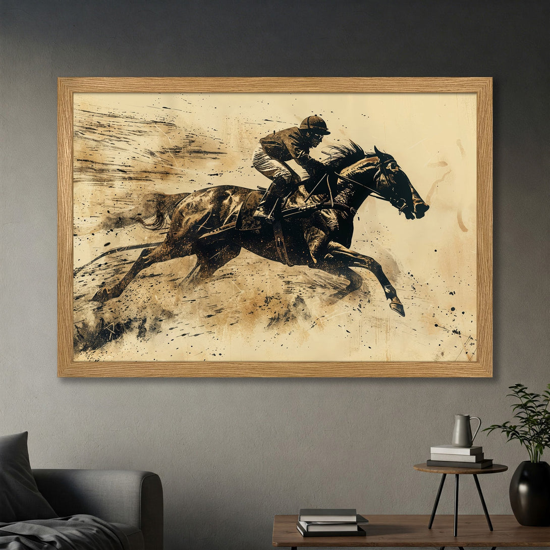 Framed Poster of a racehorse and jockey in sepia tones. Stylish art print for home decor.