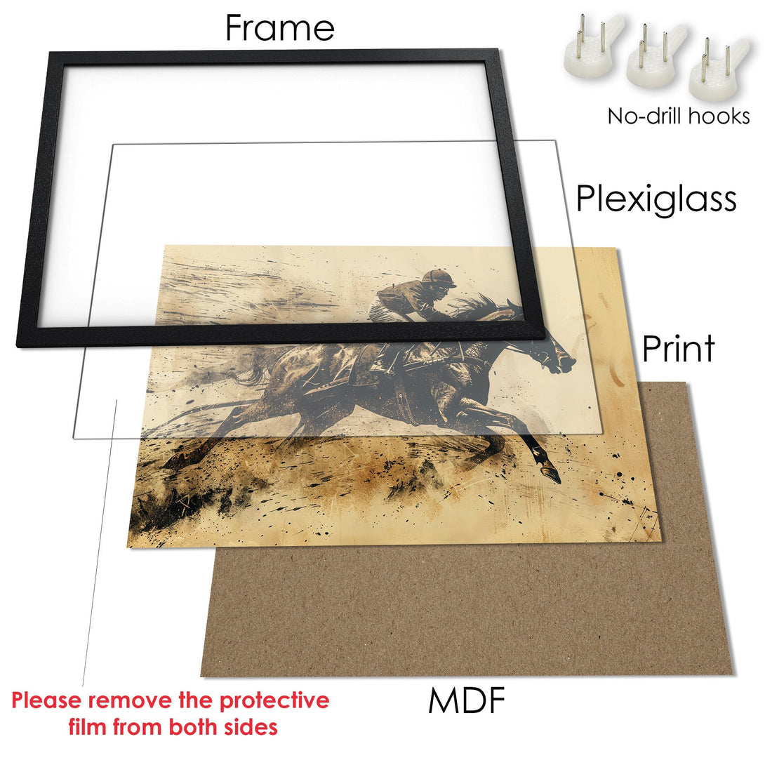 Framed Poster of a horse race in sepia tones. Vintage style art print with a black frame, ready to hang.