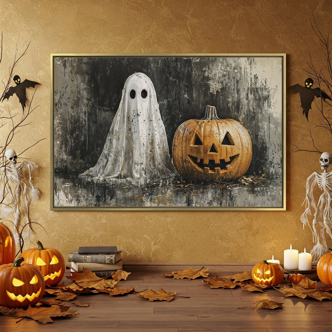 Halloween Canvas Print featuring a ghost and pumpkin, displayed in a spooky interior with orange, black, and gray tones. Perfect for seasonal decor.