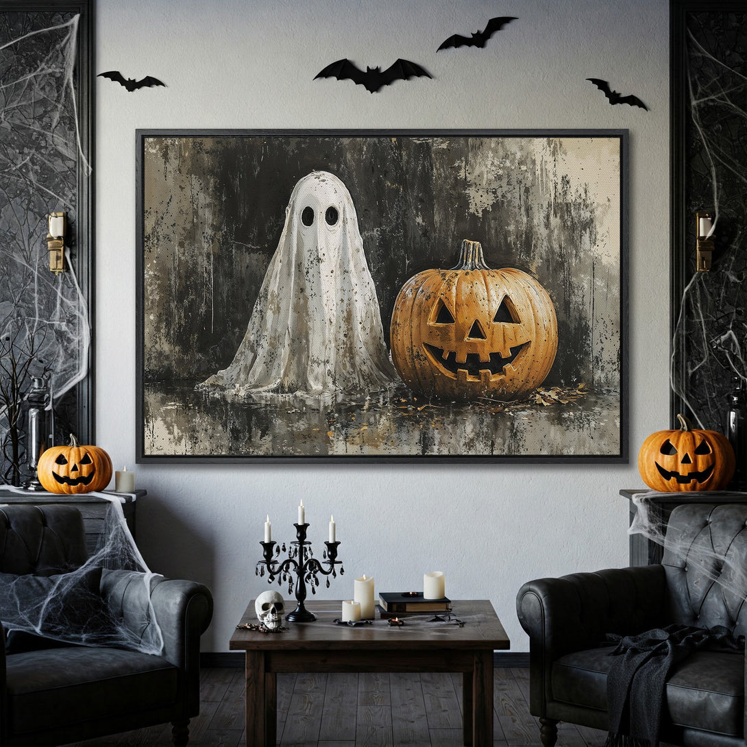 Framed Wall Art: Spooky Halloween scene with ghost & pumpkin. Dark, moody color palette. Perfect for adding a touch of fright to your home decor!