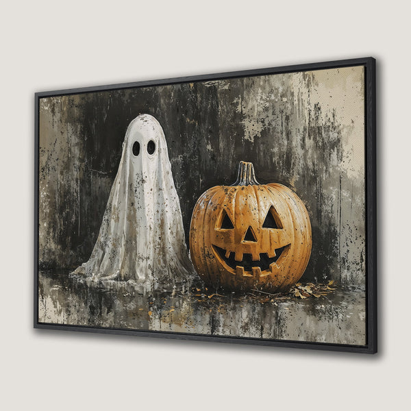 Framed Wall Art: Spooky Halloween canvas print featuring a ghost and jack-o'-lantern in a moody, textured style with a neutral color palette. Perfect for fall decor!