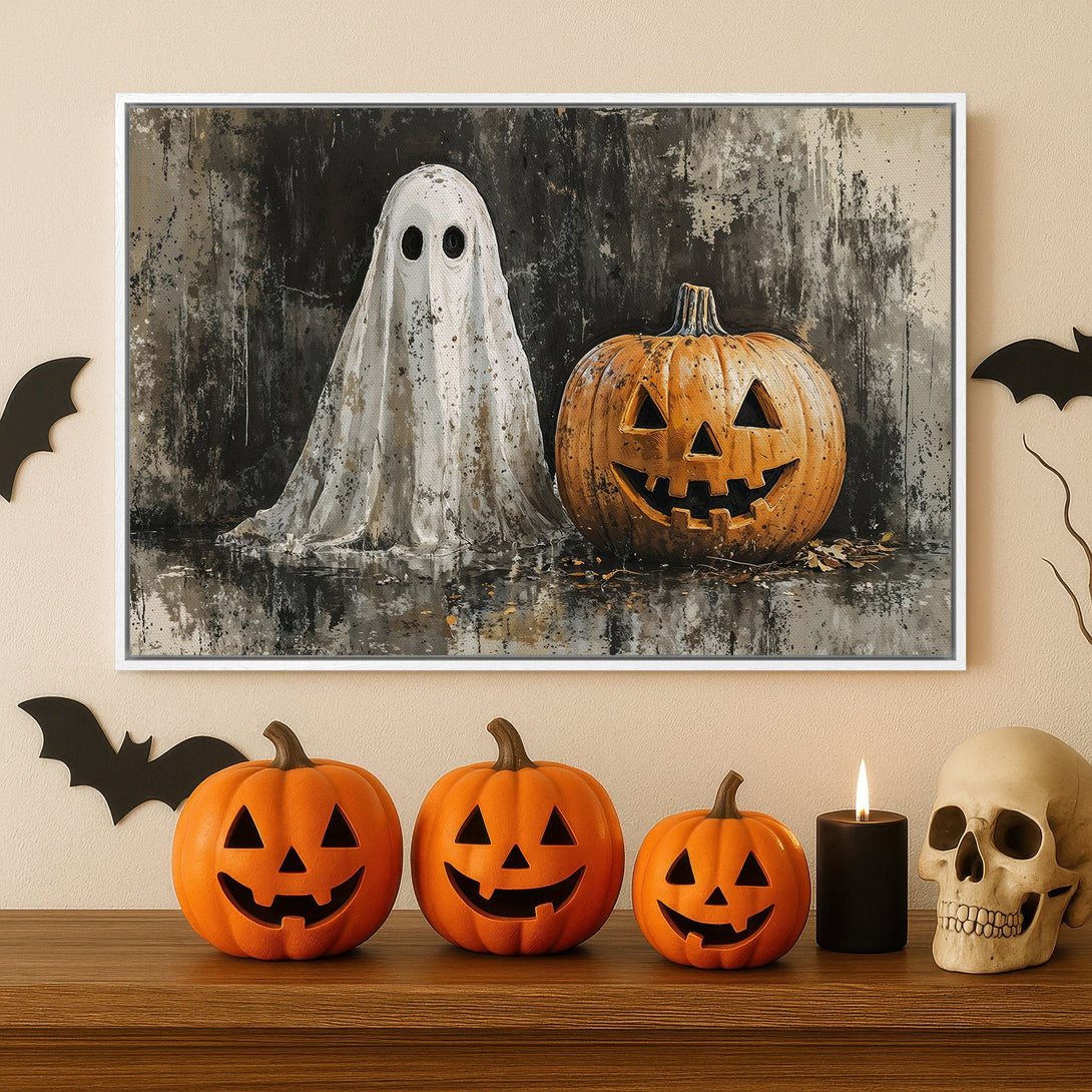 Framed Wall Art: Spooky Halloween Canvas Print featuring a ghost and jack-o'-lantern. Dark, moody color palette. Perfect for Halloween decor!
