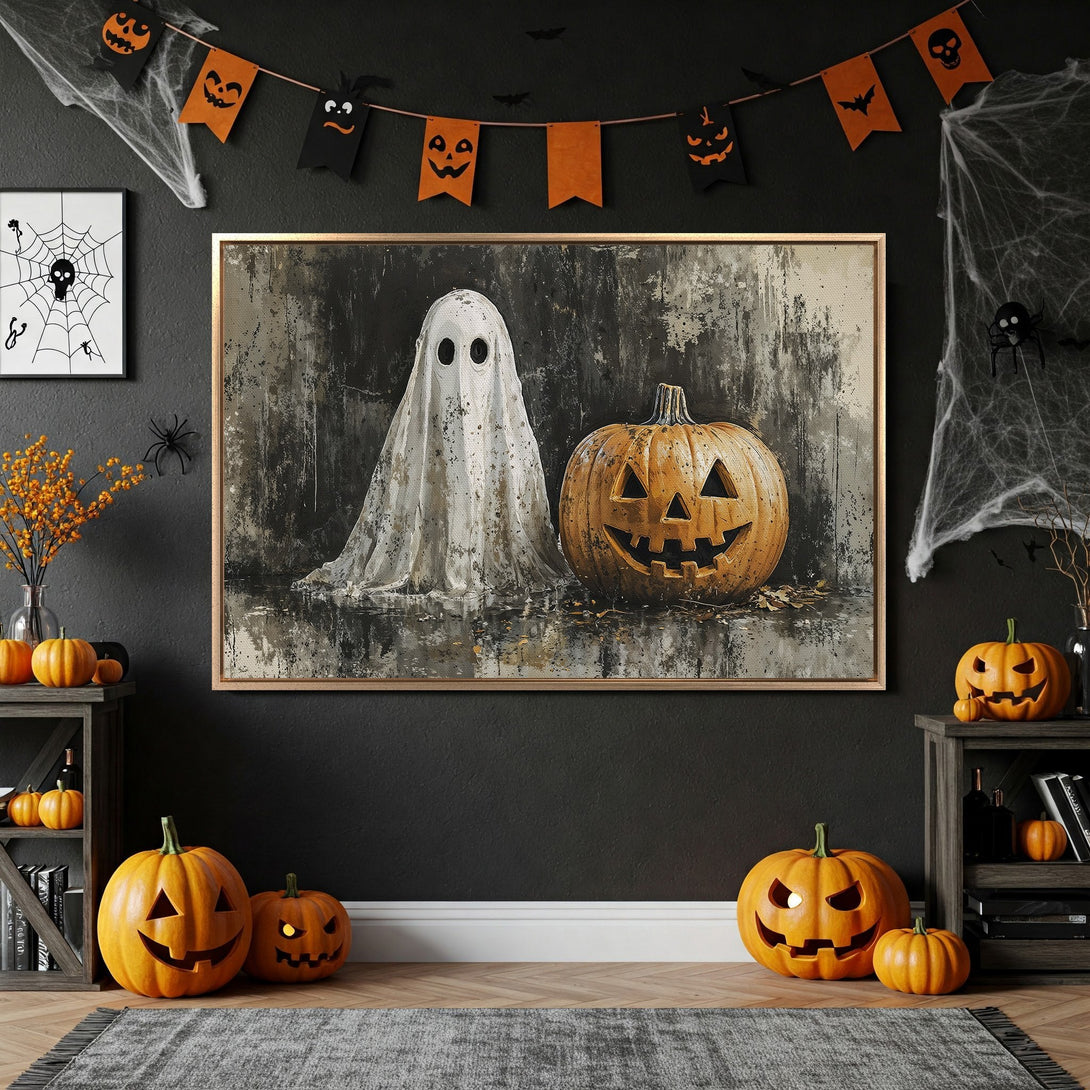 Framed Wall Art featuring a spooky ghost and pumpkin in a dark, moody style. Perfect Halloween decor with a warm orange and gray color palette.