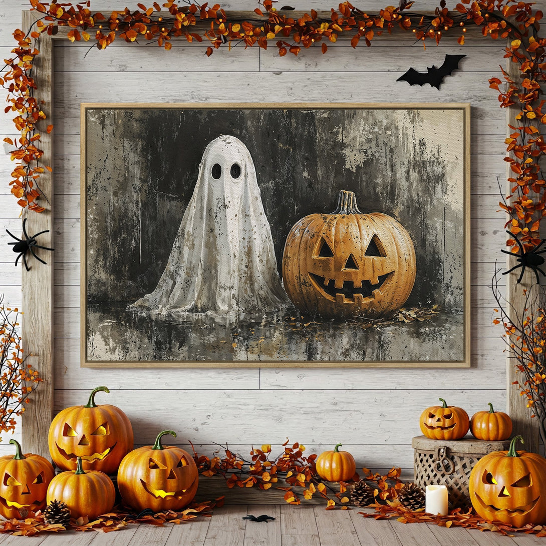 Framed Wall Art: Spooky Halloween scene with ghost and pumpkin, neutral & orange tones. Perfect for fall decor!