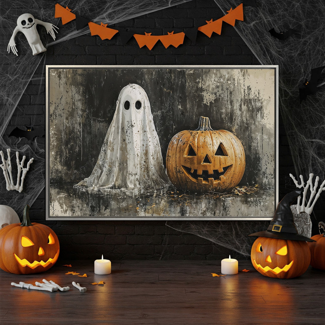 Framed Wall Art: Spooky Halloween scene with a ghost and pumpkin in a muted color palette. Perfect for adding a touch of eerie charm to your home decor.