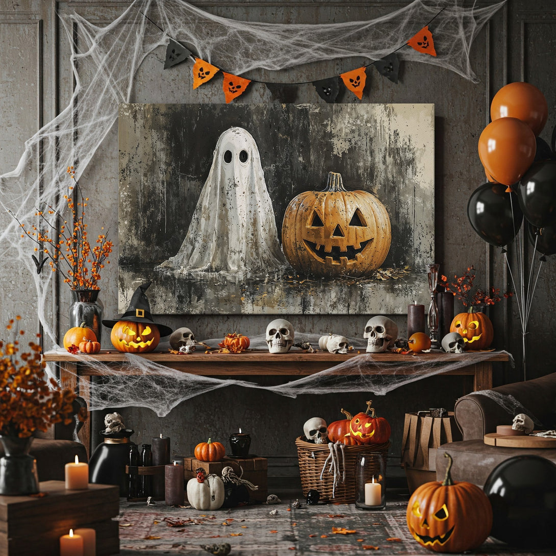 Framed Wall Art featuring a spooky ghost & pumpkin, perfect for Halloween decor. Artistic style with a moody, grayscale & orange color palette.