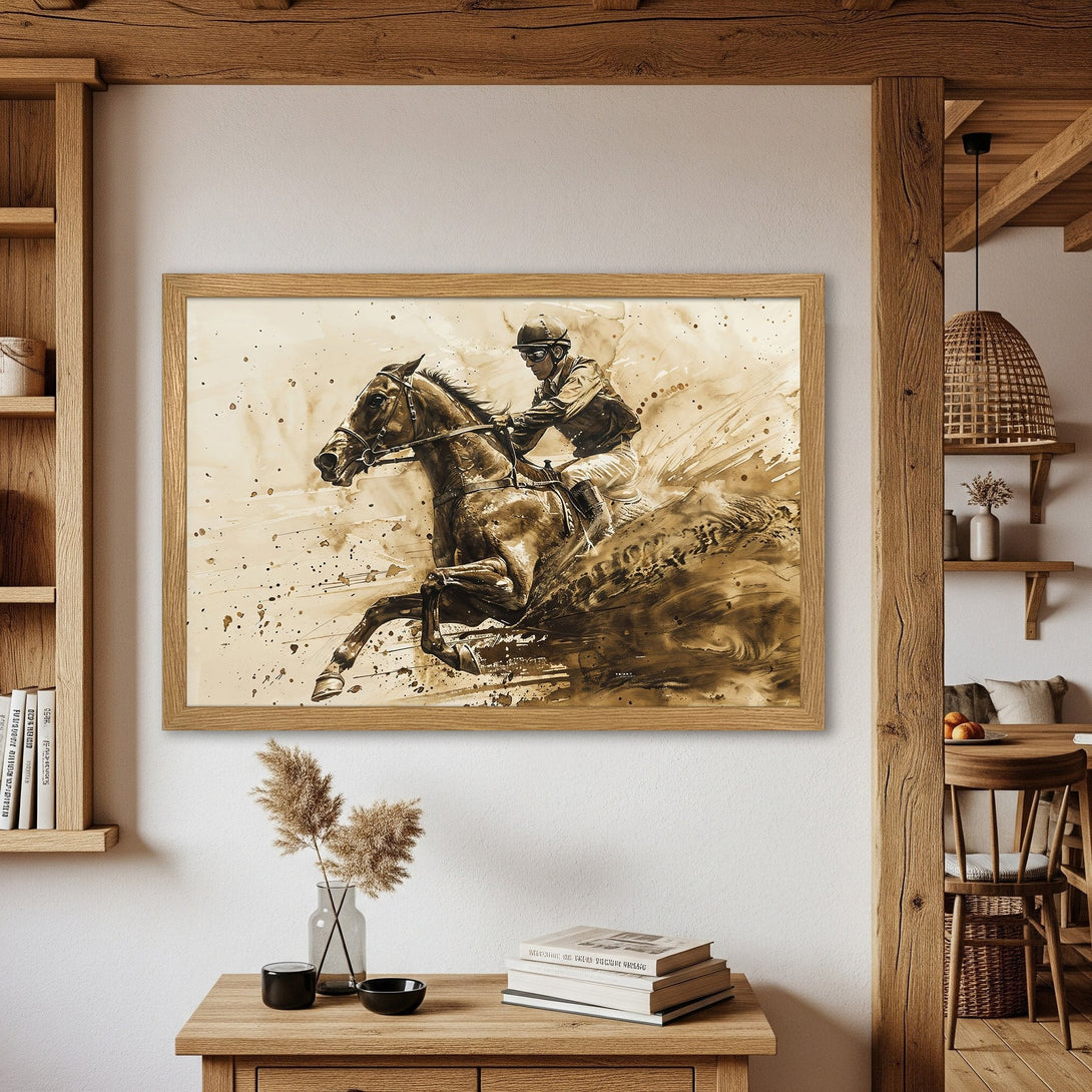 Framed Poster of a horse race in sepia tones. Stylish watercolor art print for home decor. Add a touch of elegance with this equestrian poster.