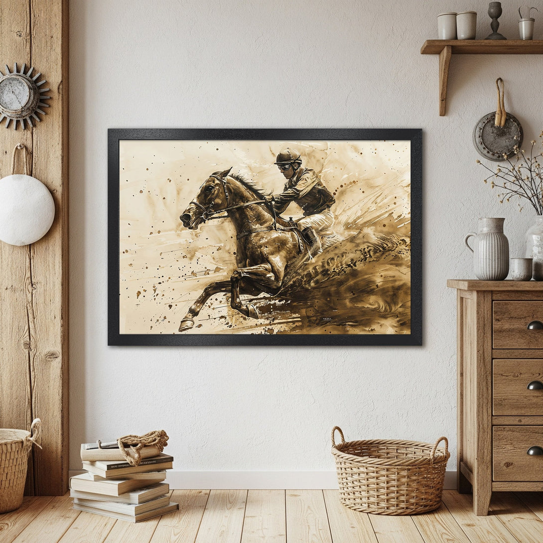 Framed Poster of a horse race in sepia tones. Artistic style, perfect for home decor. Add a touch of elegance!