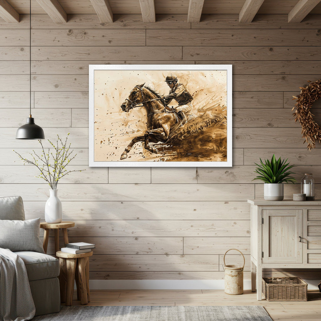 Framed Poster of a horse race in sepia tones. Stylish equestrian art for your home decor.