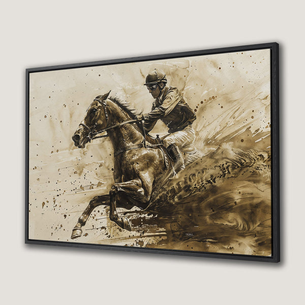 Framed Wall Art featuring a watercolor-style horse racing scene in sepia tones. Add equestrian elegance to your home with this stunning Canvas Print.