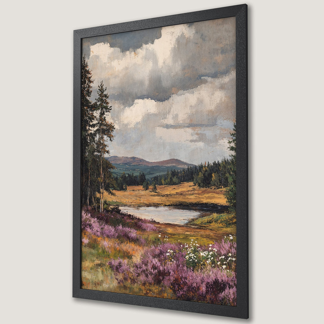 Framed Poster of a serene landscape painting. Featuring a lake, forest, and purple flowers. Earthy color palette. Perfect wall art.