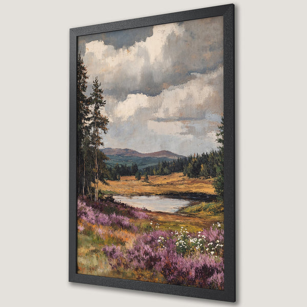 Framed Poster of a serene landscape painting. Featuring a lake, forest, and purple flowers. Earthy color palette. Perfect wall art.