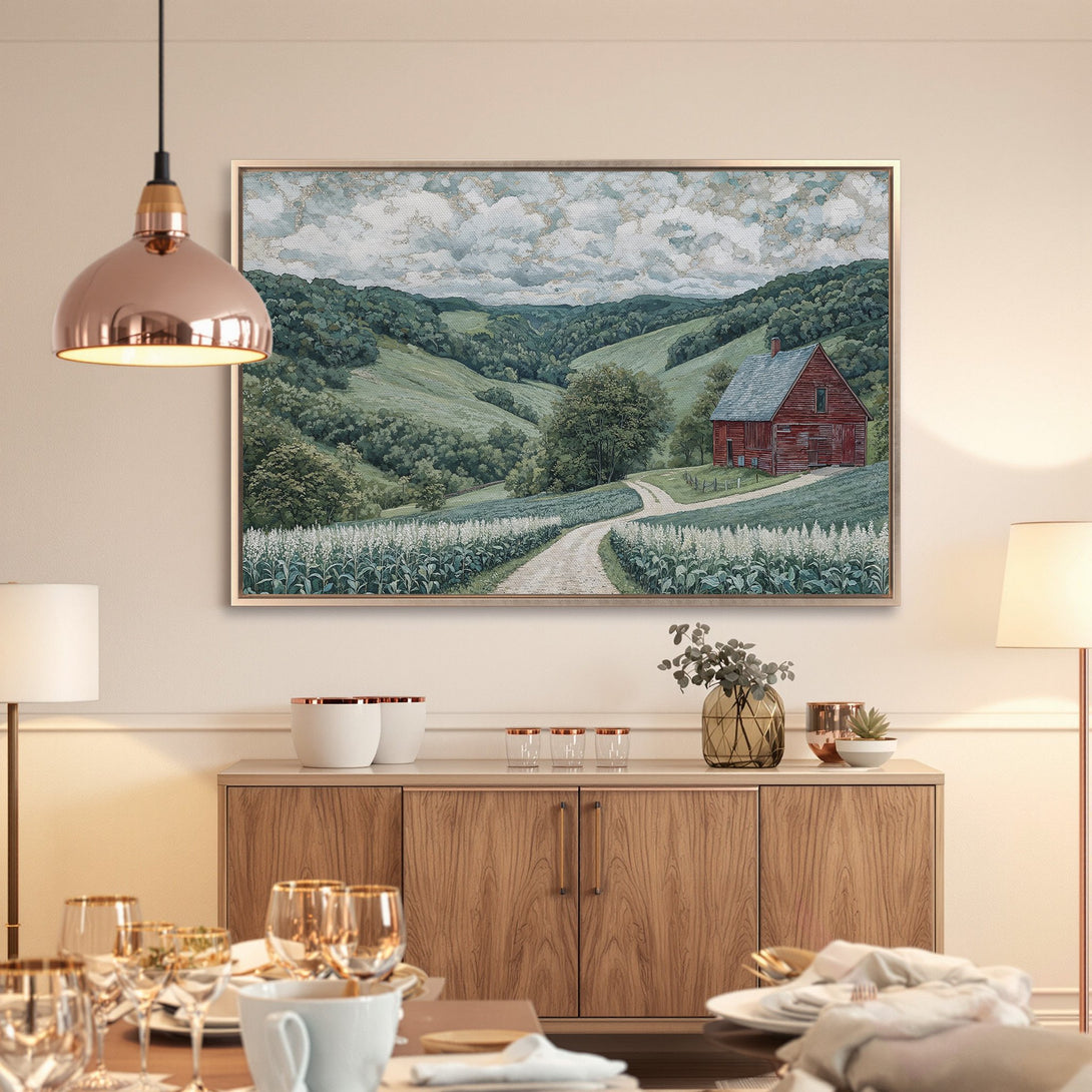 Framed Wall Art: Scenic landscape Canvas Print with a red barn, green hills, and a soft blue/green color palette. Perfect for farmhouse decor.