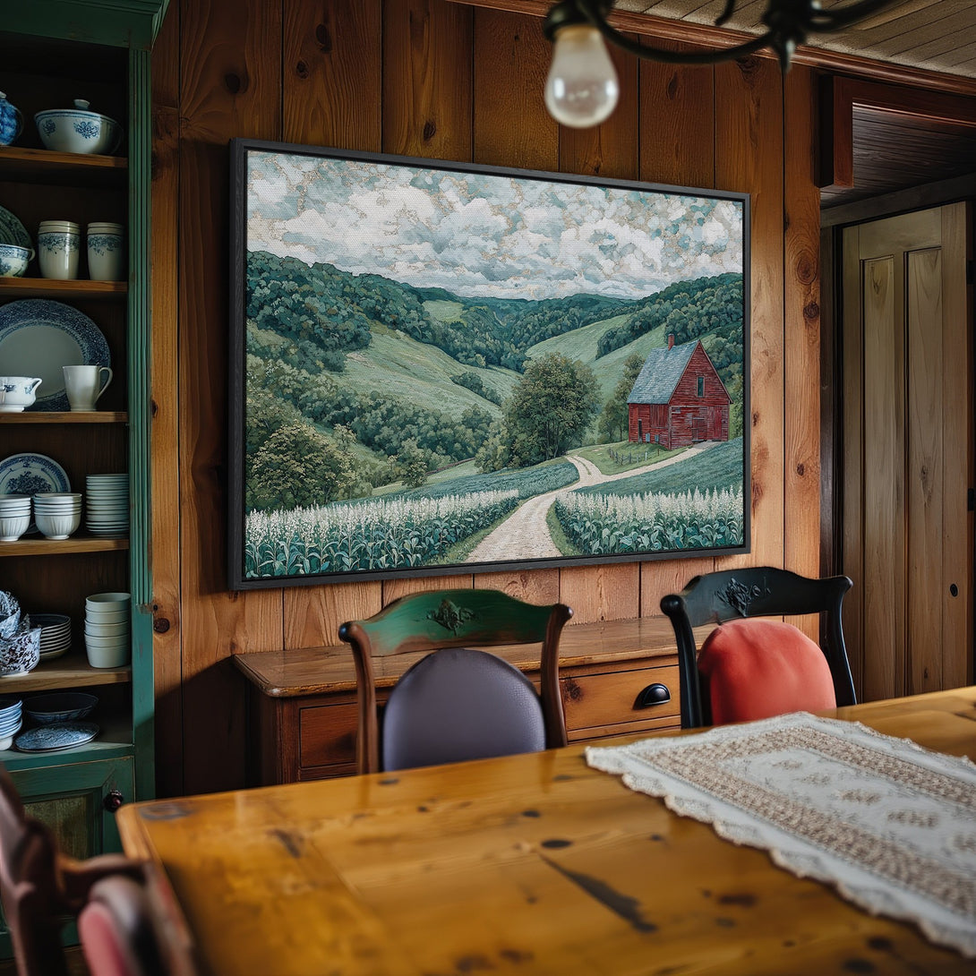 Framed Wall Art: Landscape Canvas Print with a red barn, green hills, and a neutral color palette. Rustic farmhouse decor.
