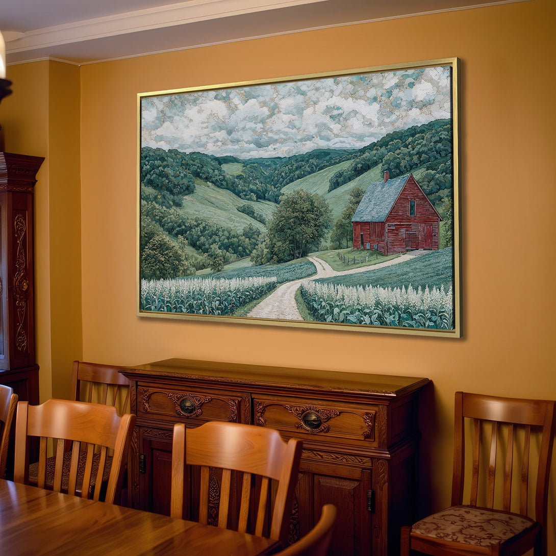 Canvas Print of a serene landscape with a red barn. Rustic style, green and beige tones, perfect for farmhouse decor.