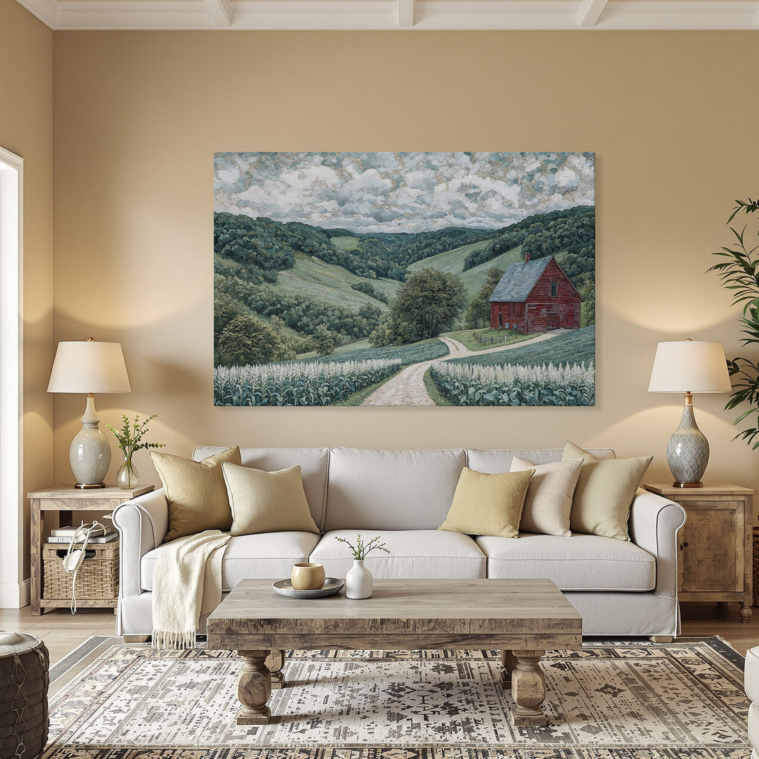 Framed Wall Art: Landscape Canvas Print featuring a red barn in a green valley. Rustic style with a serene green, blue, and gold color palette.