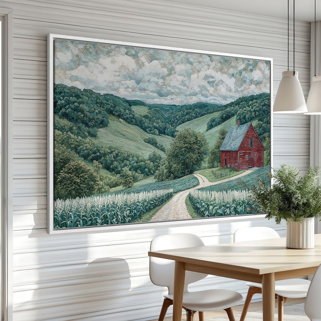 Framed Wall Art: Landscape painting of a red barn in a green valley. Rustic style with a calming green, blue, and gold color palette. Perfect for home decor.