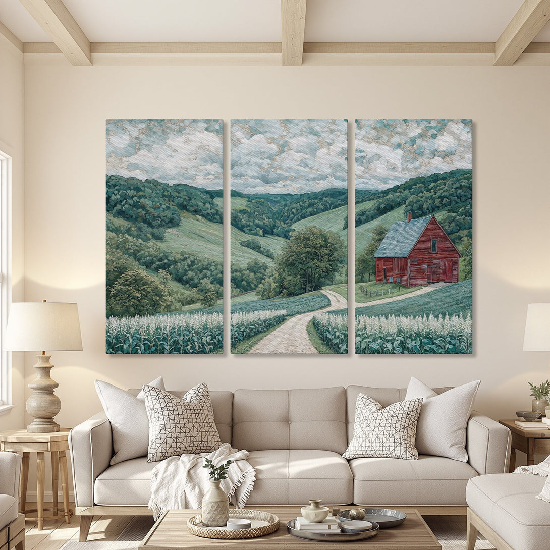 Canvas Print of a serene landscape with a red barn, featuring a green and blue color palette, perfect for farmhouse decor.