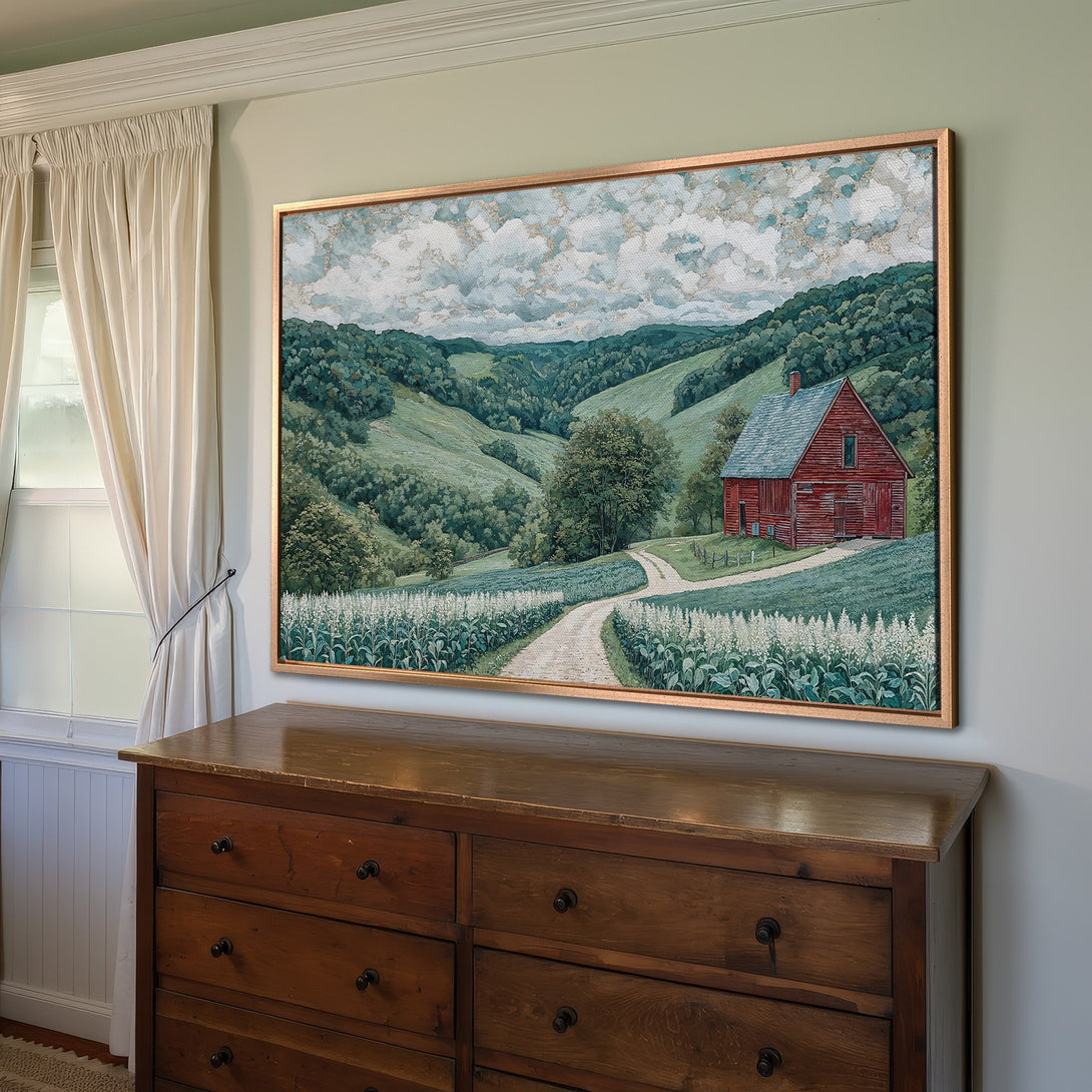 Framed Wall Art: Scenic landscape Canvas Print with red barn. Green, blue, and gold tones. Perfect for farmhouse decor.