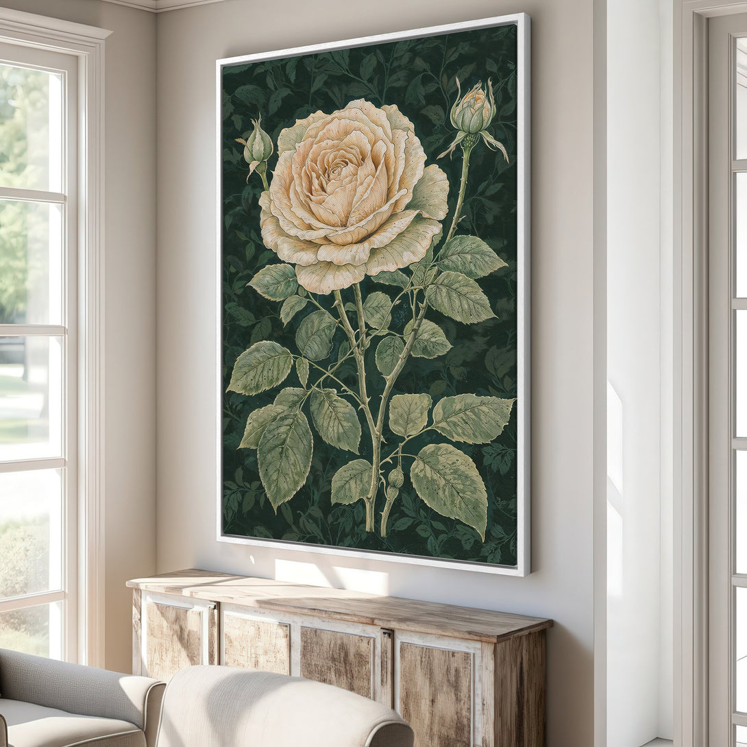Framed Wall Art: Vintage botanical rose print in a sophisticated interior. Features a cream and green color palette, perfect for adding elegance to any space.