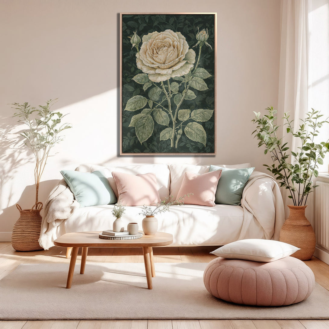 Framed Wall Art featuring a vintage rose illustration in muted green and cream tones, perfect for adding a touch of elegance to your home decor.