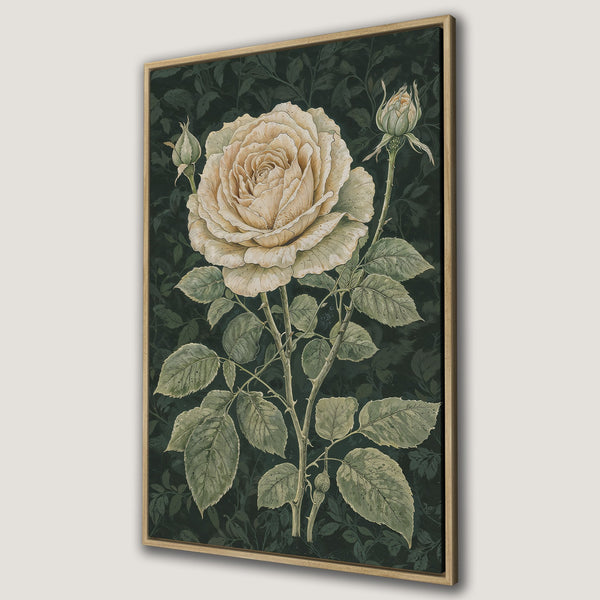 Framed Wall Art featuring a vintage-style rose illustration. Elegant floral design in cream and green hues, perfect for adding a touch of nature to your home.