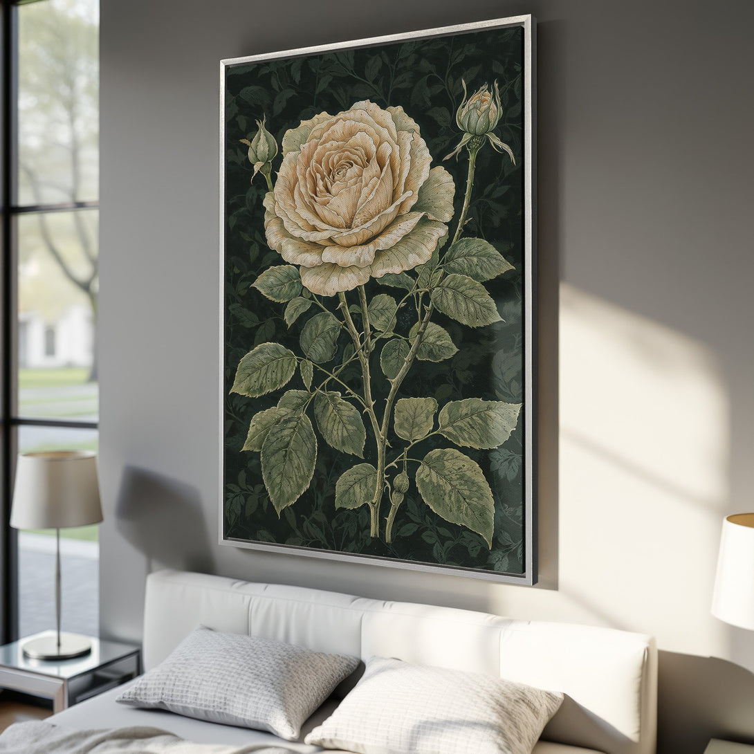Framed Wall Art featuring a vintage botanical rose illustration. Elegant floral design in a moody green and cream color palette, perfect for bedroom decor.