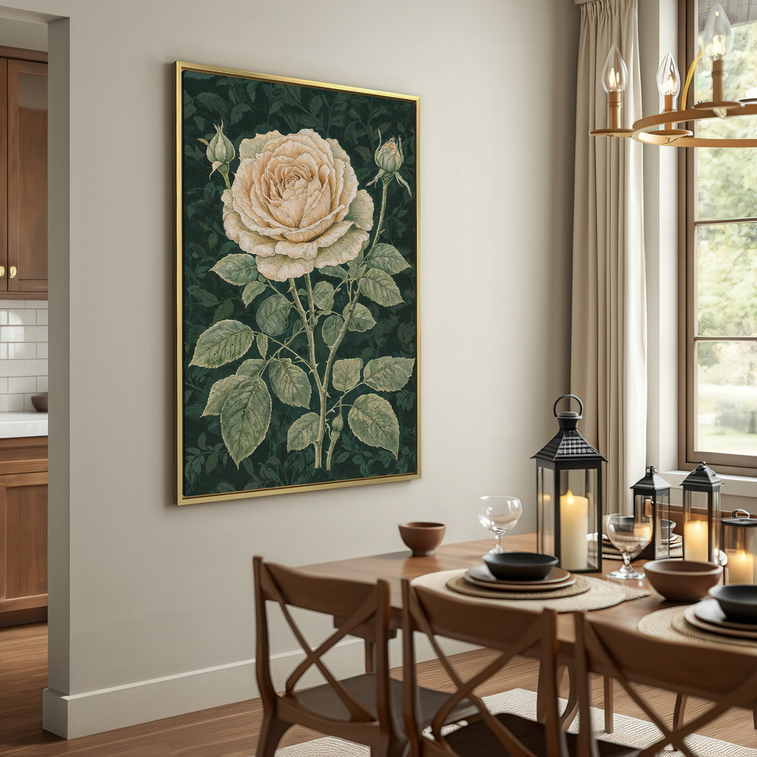 Canvas Print of a vintage rose illustration in a dark green and cream color palette, perfect for farmhouse decor.