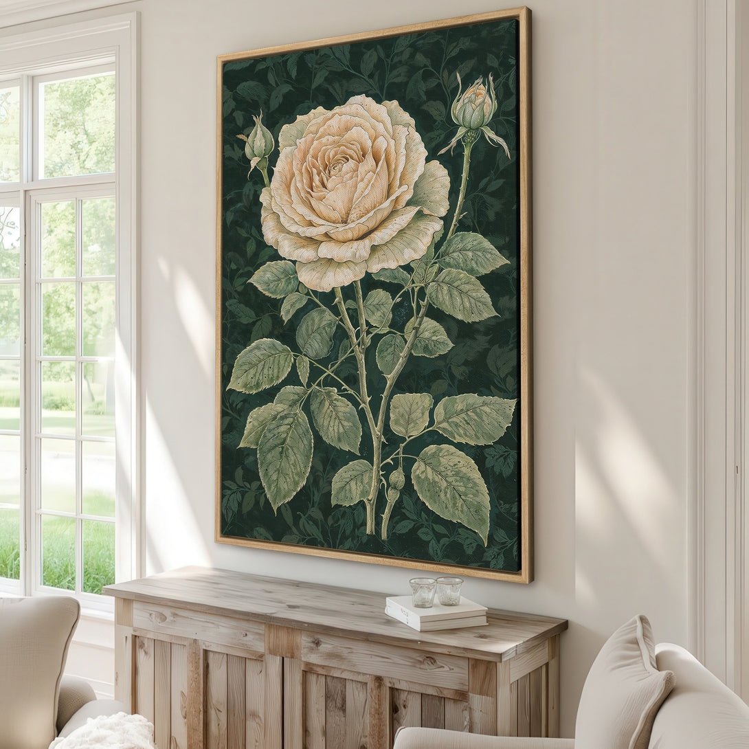 Framed Wall Art featuring a vintage botanical rose illustration in a dark green and cream color palette. Perfect for adding a touch of elegance to any space.