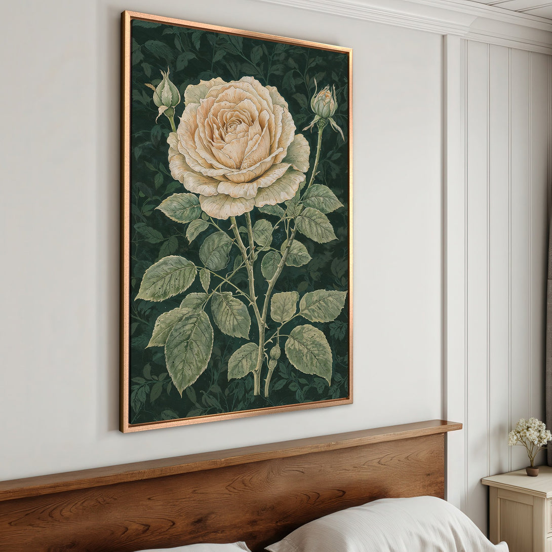 Framed Wall Art featuring a vintage rose illustration in soft cream and green tones, perfect for adding elegance to any space.