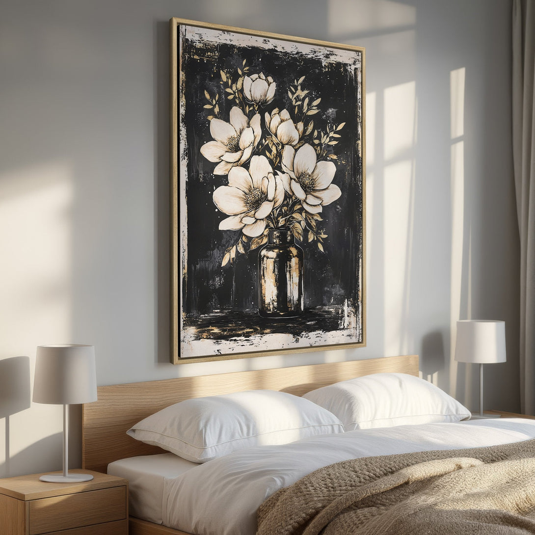 Framed Wall Art: Elegant floral painting in black, white, and gold tones. Perfect bedroom decor for a touch of sophistication and style.