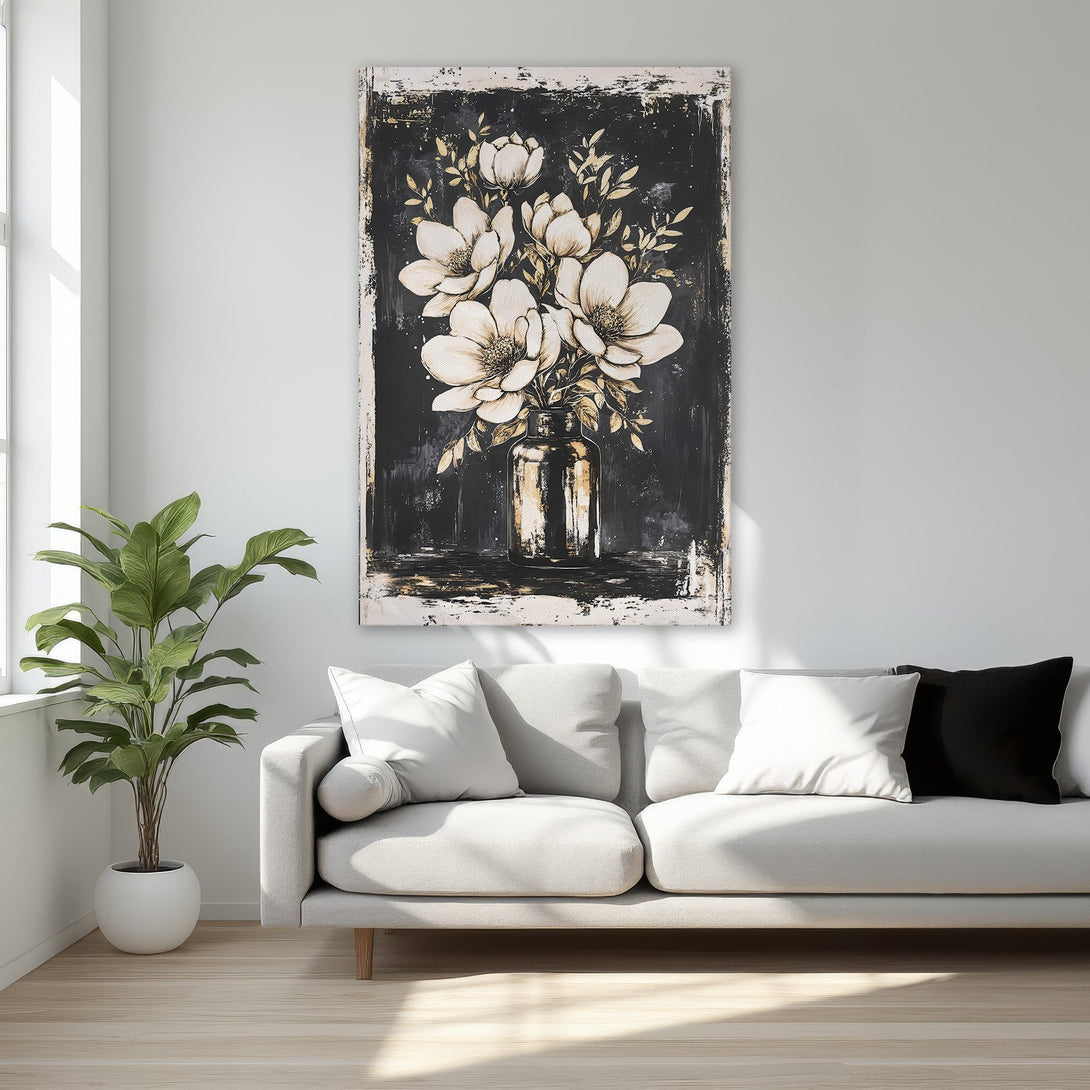 Framed Wall Art: Elegant floral canvas print in black, gold, and cream. Perfect for adding a touch of luxury to your bedroom decor. Shop now!