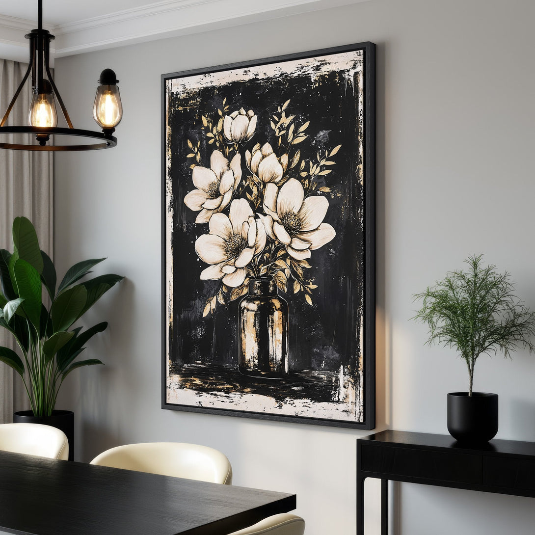 Framed Wall Art: Elegant floral Canvas Print in black, white, and gold. Modern abstract style adds sophistication to any room. Shop now for stunning wall decor!