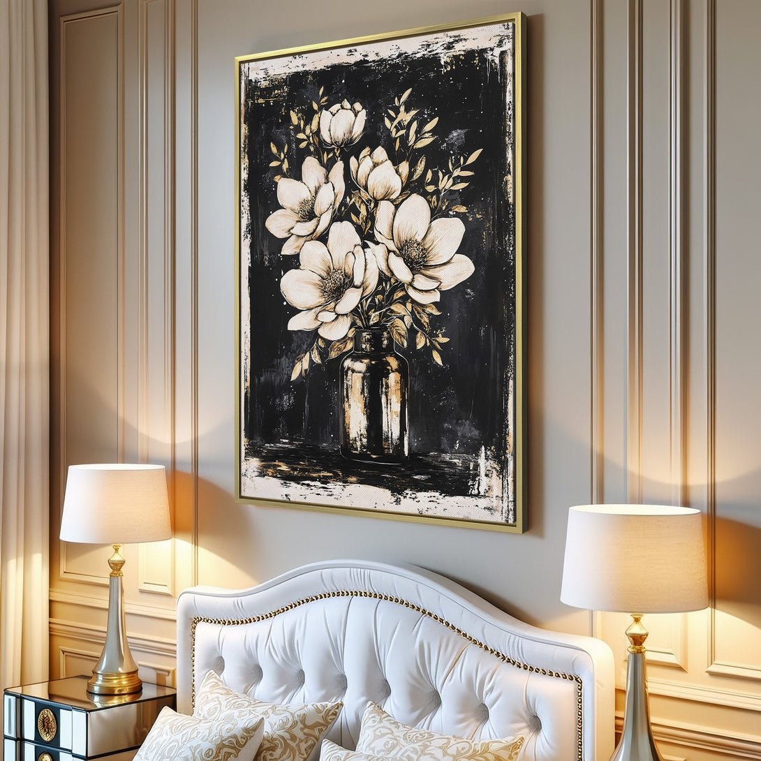 Canvas Print of floral art in a modern interior. Features a neutral color palette with black, white, and gold tones. Perfect for living room decor.