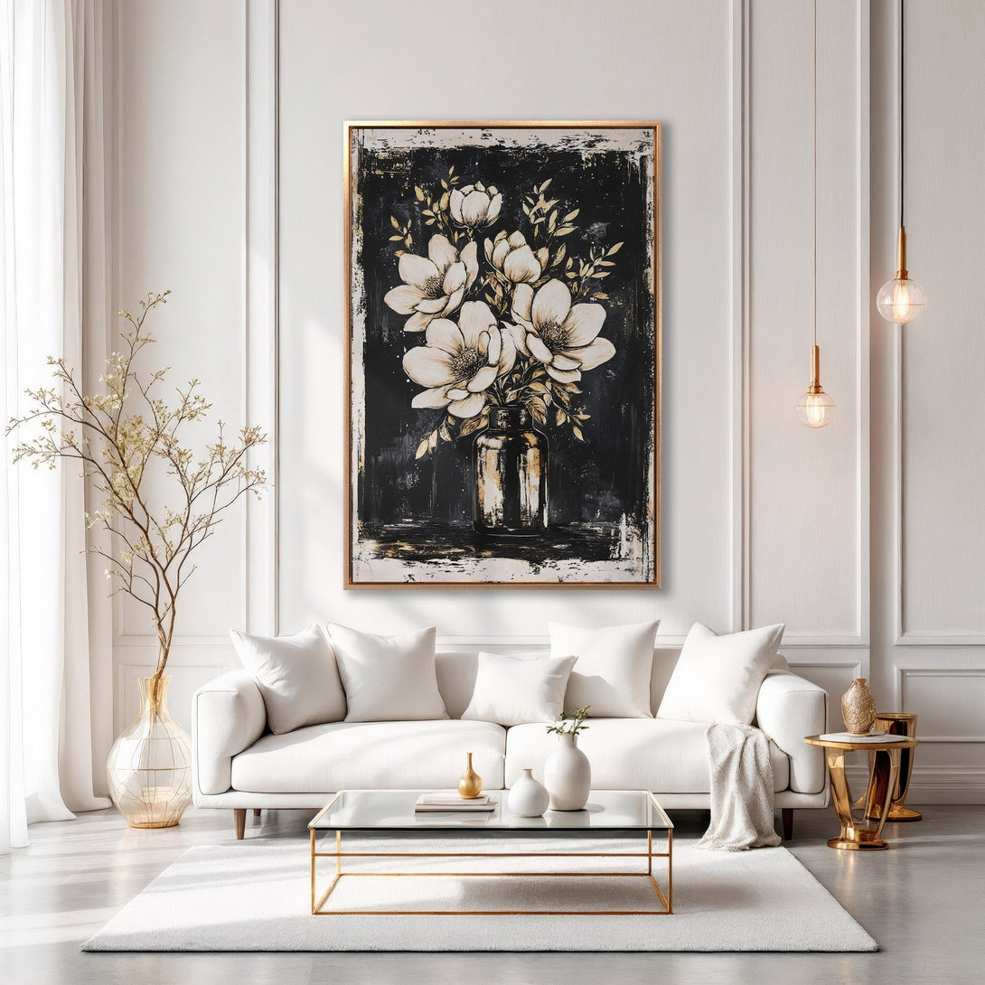 Framed Wall Art: Elegant floral Canvas Print in black, gold, and cream. Modern abstract style, perfect for living room decor.