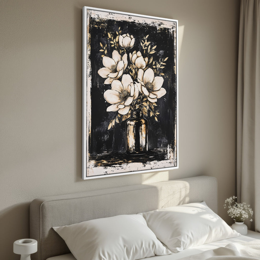 Framed Wall Art featuring a floral bouquet in a black and gold abstract style. Neutral color palette adds a touch of elegance to any interior.