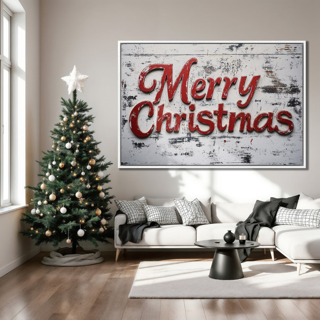 Framed Wall Art: "Merry Christmas" sign in a modern living room. Rustic style, red & white color palette, perfect holiday decor.